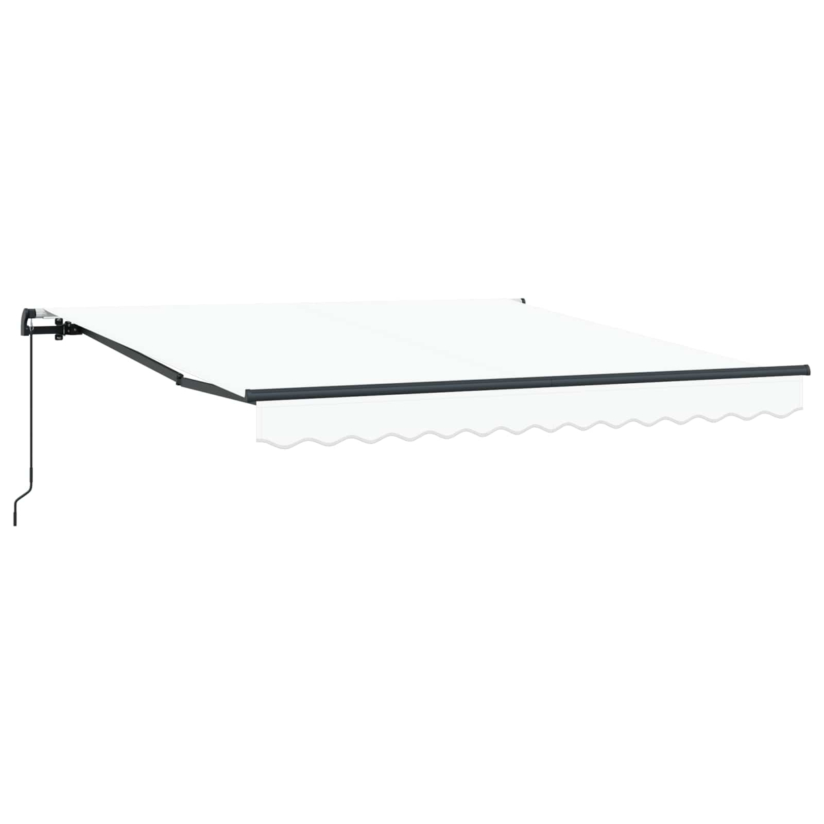 Una tenda da sole bianca estesa con cornice nera e bordo festonato.