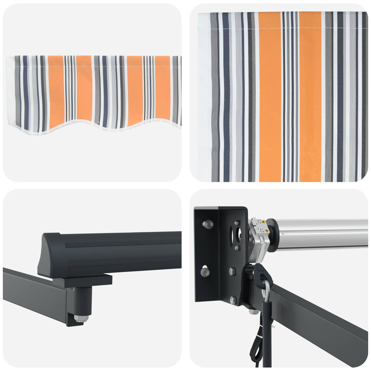 Markise mit orange-grau-blauen Streifen und Metallhalterung.