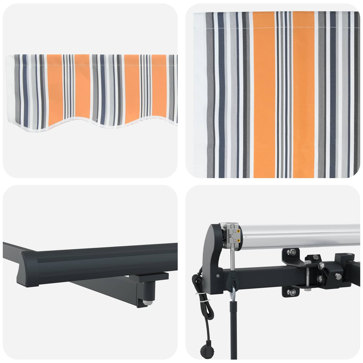 Markise mit orange-grauen Streifen und mechanischem Ausfahrarm.