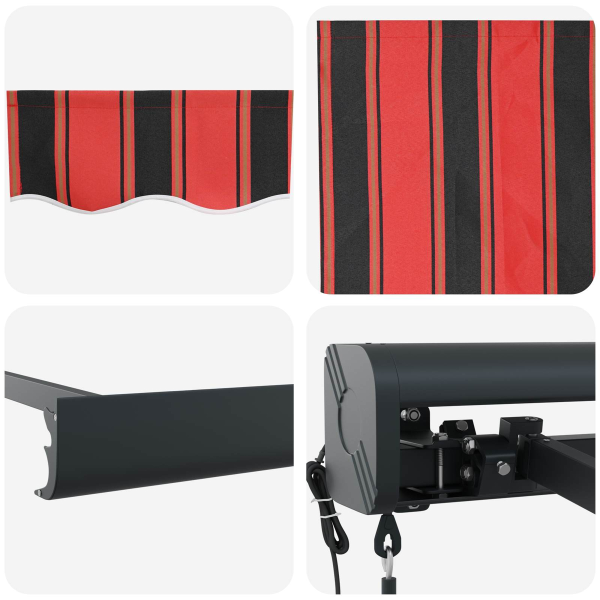 Rotes und schwarzes gestreiftes Markisentuch und Mechanismus.