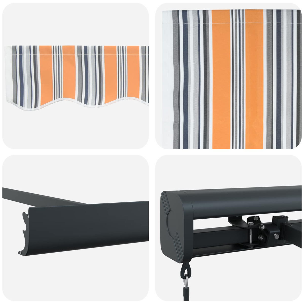 Markise mit orangen, grauen und blauen Streifen. Dunkelgrauer Metallrahmen.
