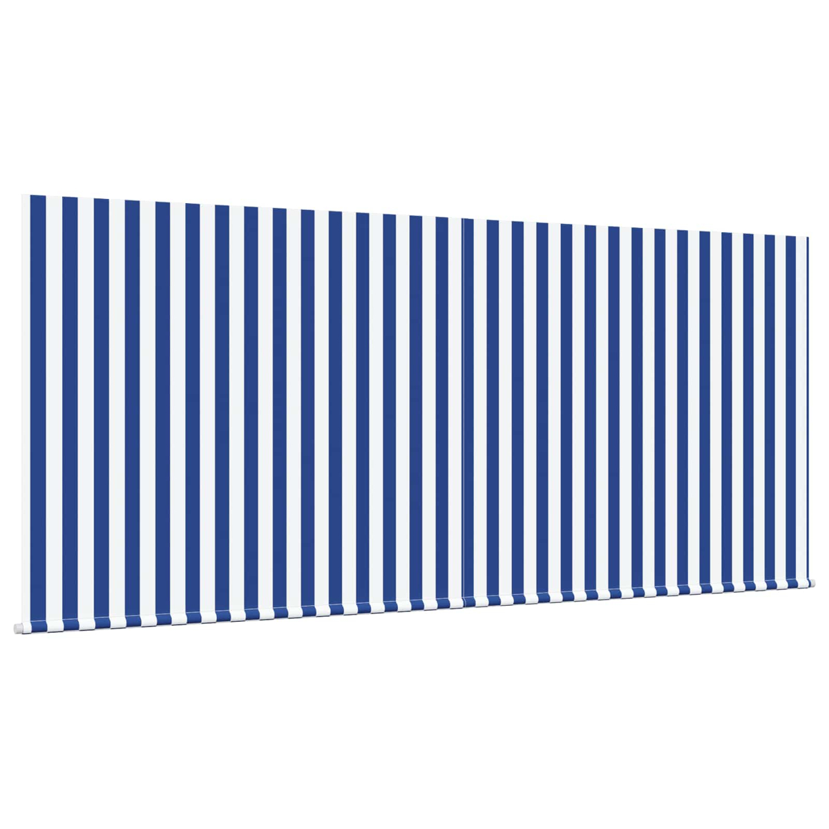 Eine blaue und weiße gestreifte Markise, die sich horizontal erstreckt.