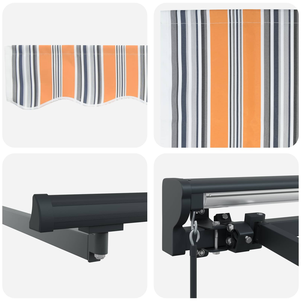 Markise mit orangen, grauen und blauen Streifen und dunkler Metallhalterung.