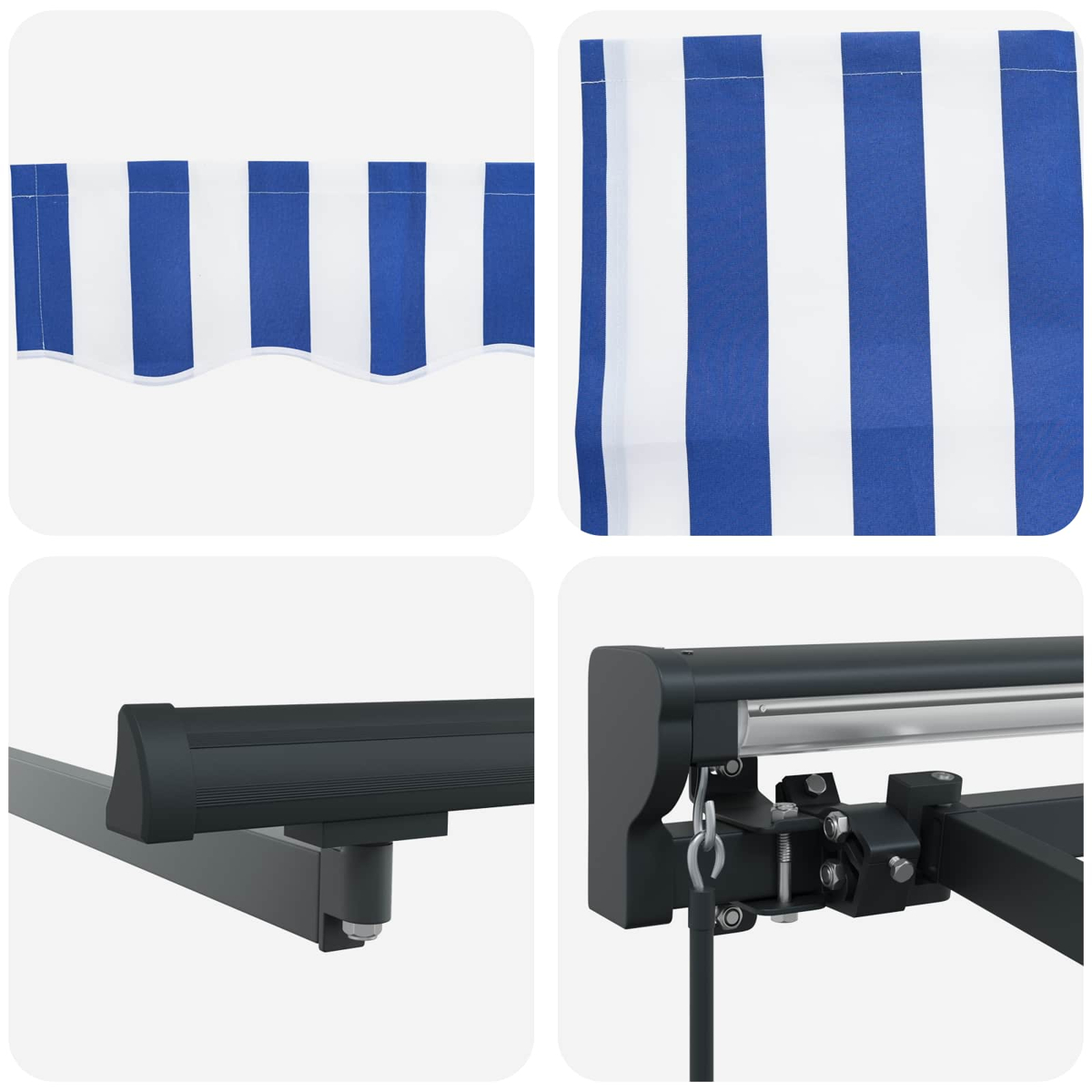 Blau-weißer Streifen-Markisenstoff und Metallrahmen-Details.