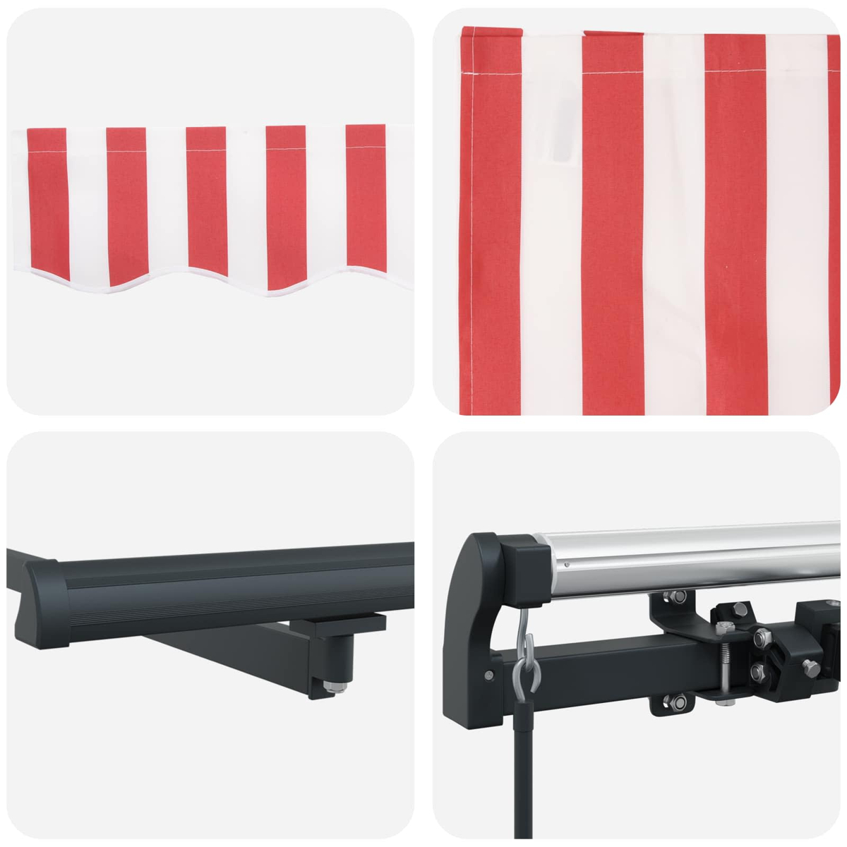 Tessuto da tenda a strisce rosse e bianche e accessori metallici.