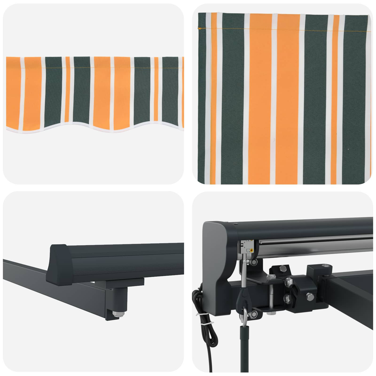 Markise mit orange-grünen Streifen und Metallrahmen. Nahaufnahme.