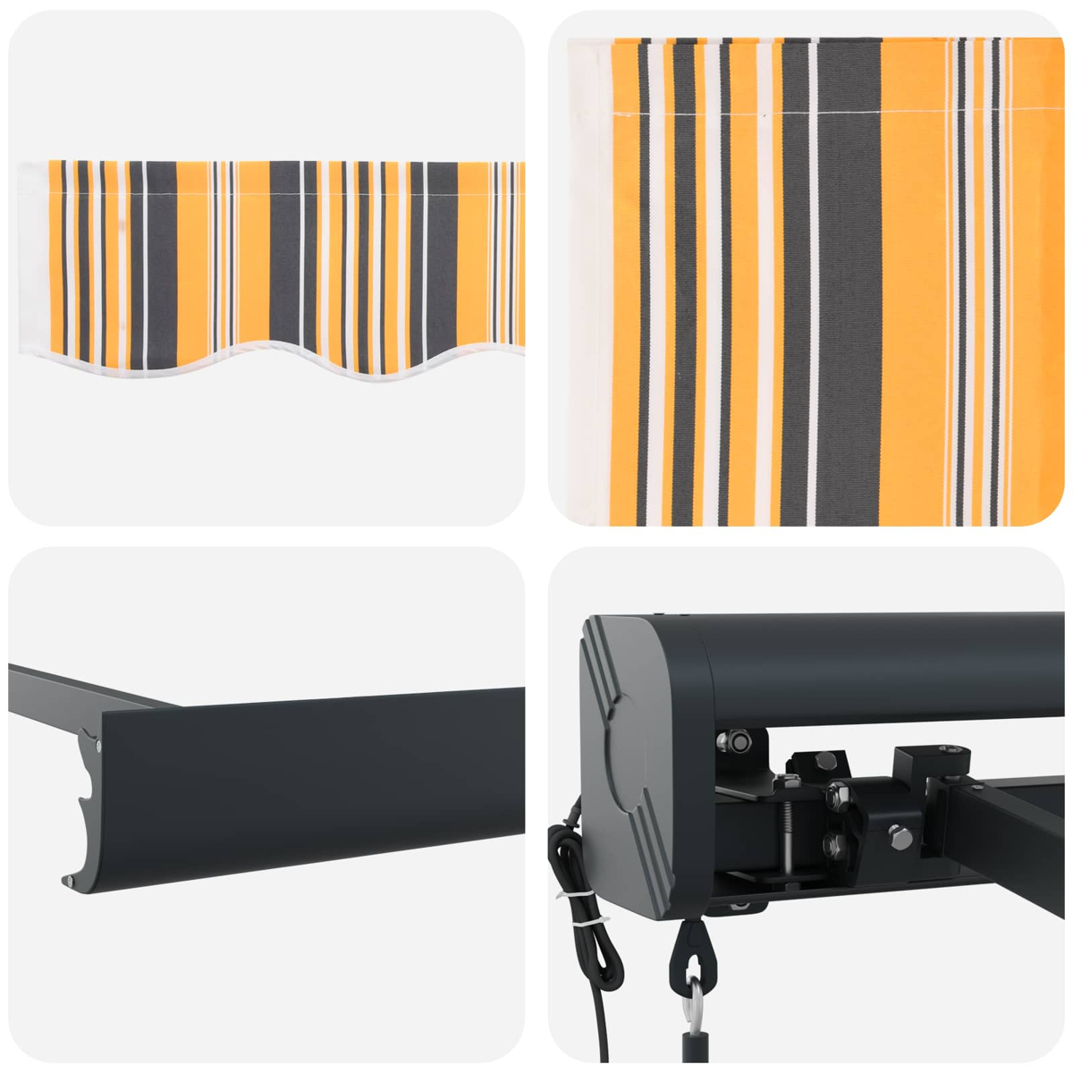 Markisenstoff mit Streifen in Orange, Grau und Weiß. Mechanik der Markise.