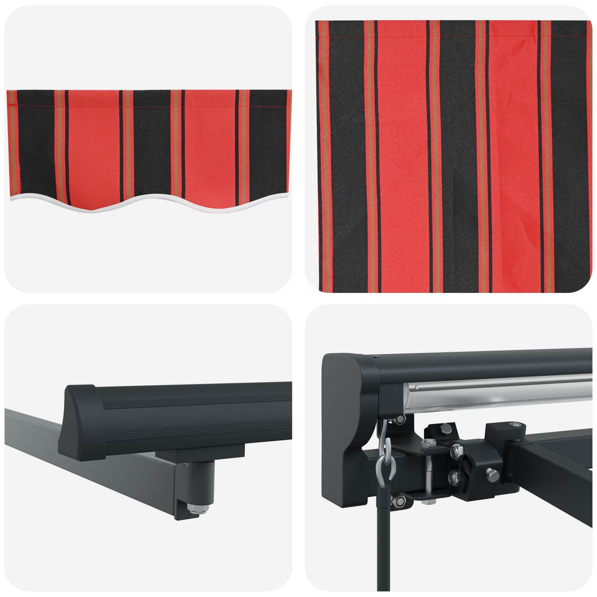 Rotes und schwarzes Streifenmarkisentuch mit silbernen Trägern.