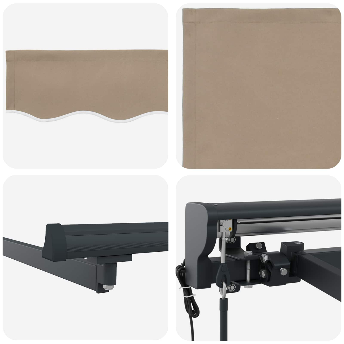 Tela de toldo beige con borde festoneado y soporte de metal oscuro.