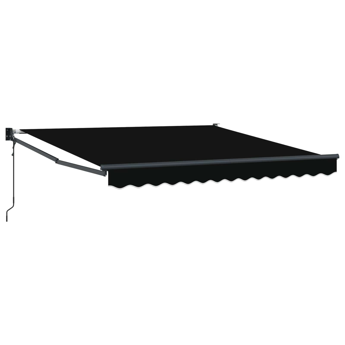 Una tenda da sole nera estesa, con bordo smerlato, montata a parete.