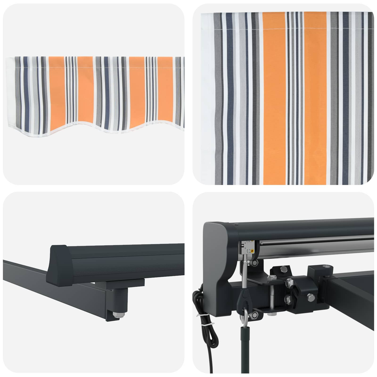 Markisenstoff mit orange-grauen Streifen und Metallmechanismus.