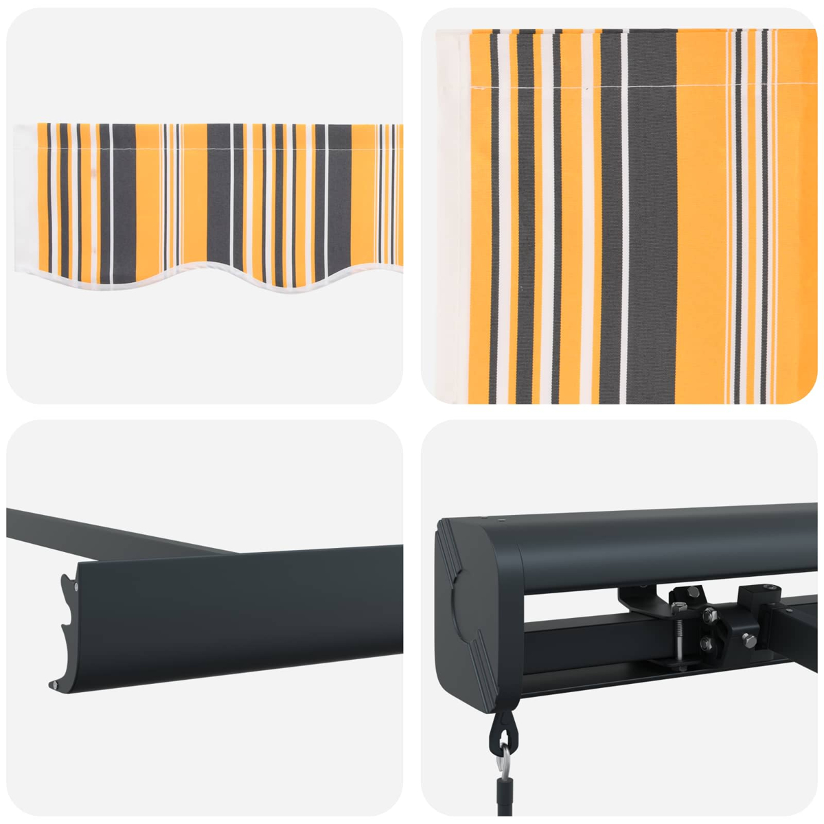 Markise mit orange-grau-weißen Streifen und dunklem Metallrahmen.