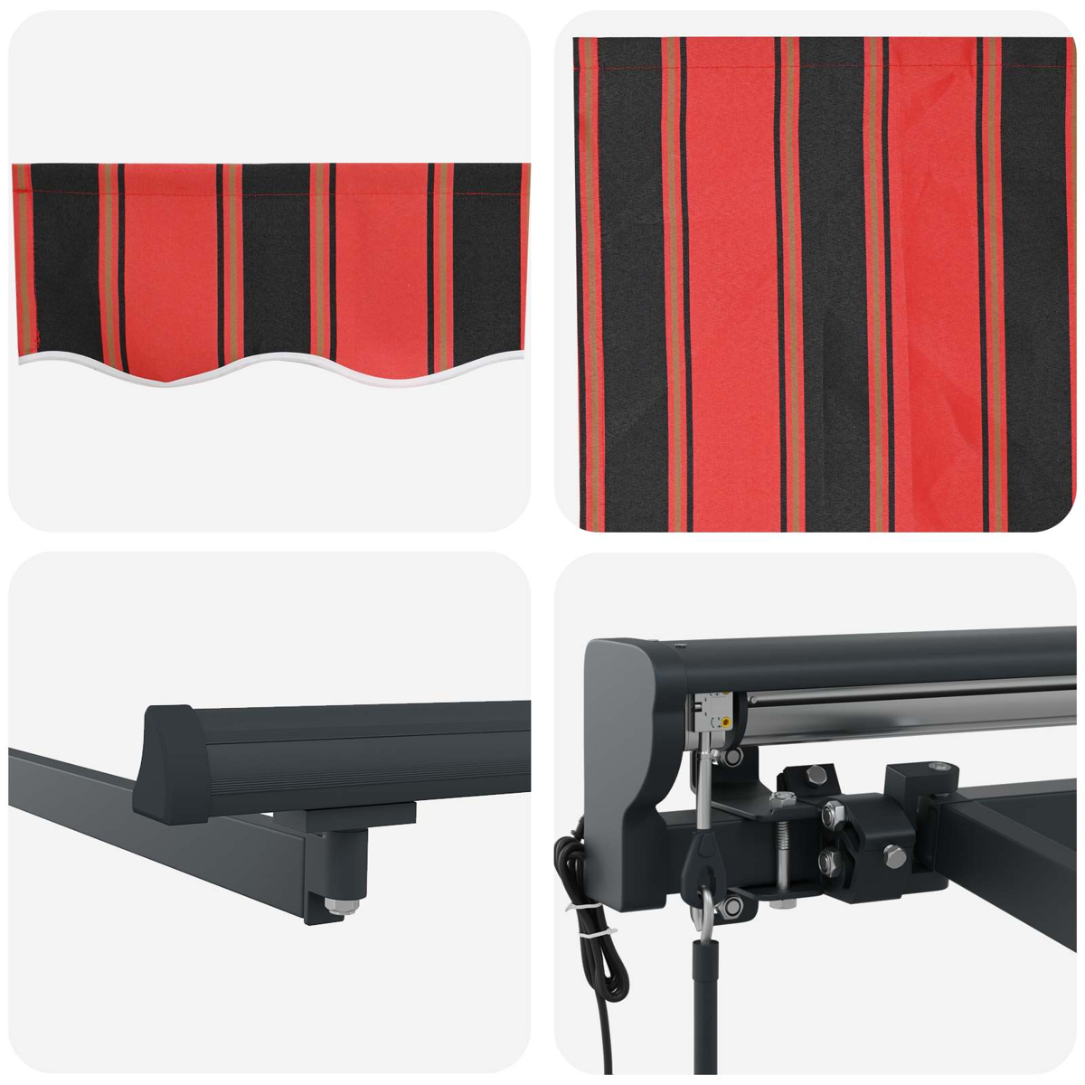 Markise mit roten und schwarzen Streifen, detaillierte Metallteile.