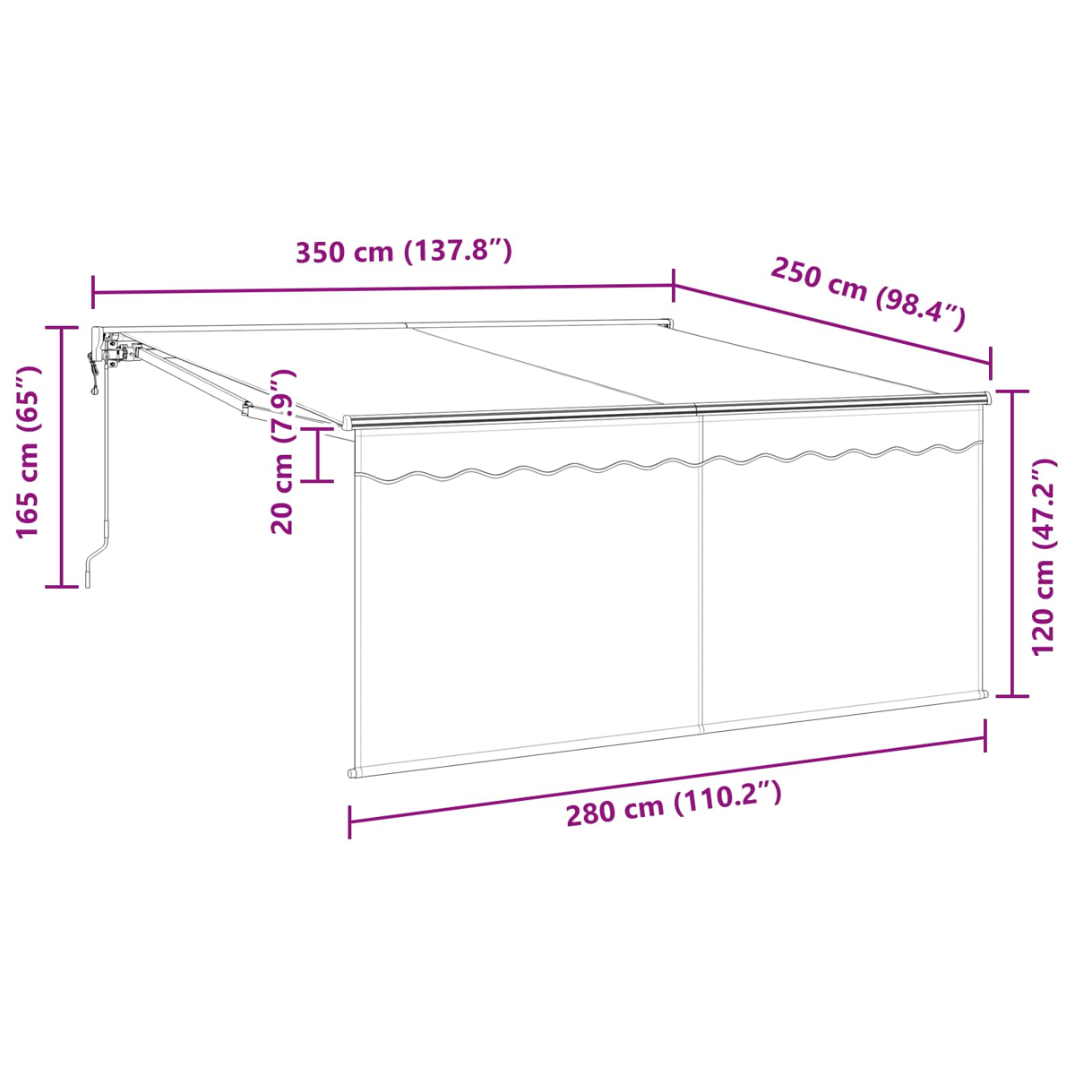Ein Ausklapp-Sonnenschutz mit Maßangaben in cm und Zoll.