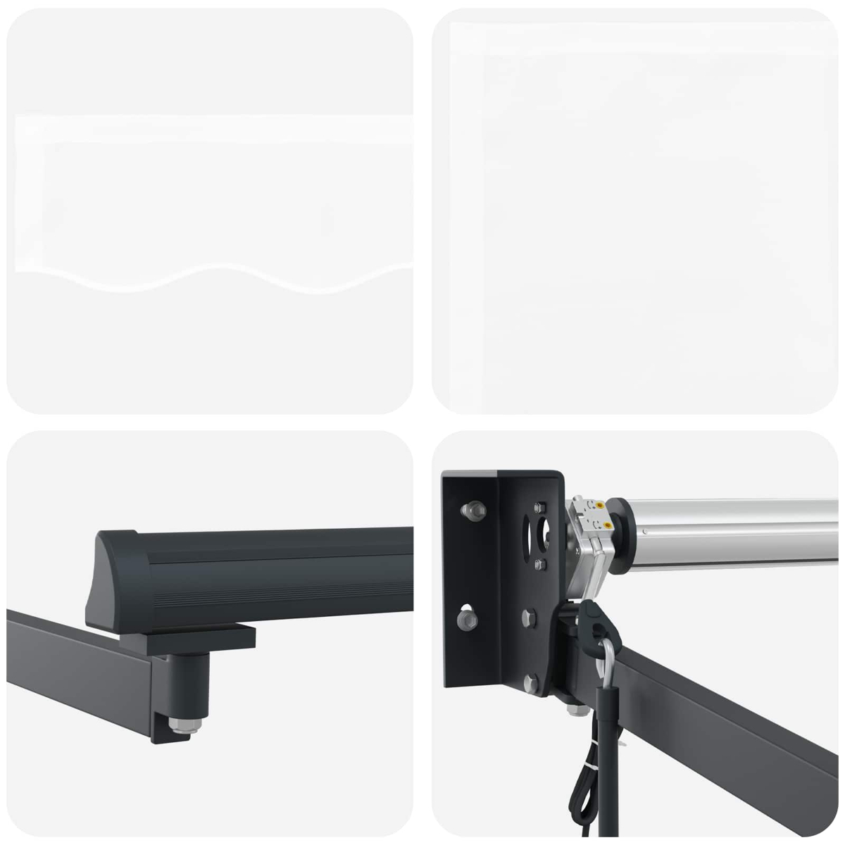 Detailansicht eines grauen Markisenarms mit Montagehalterung und Motor.