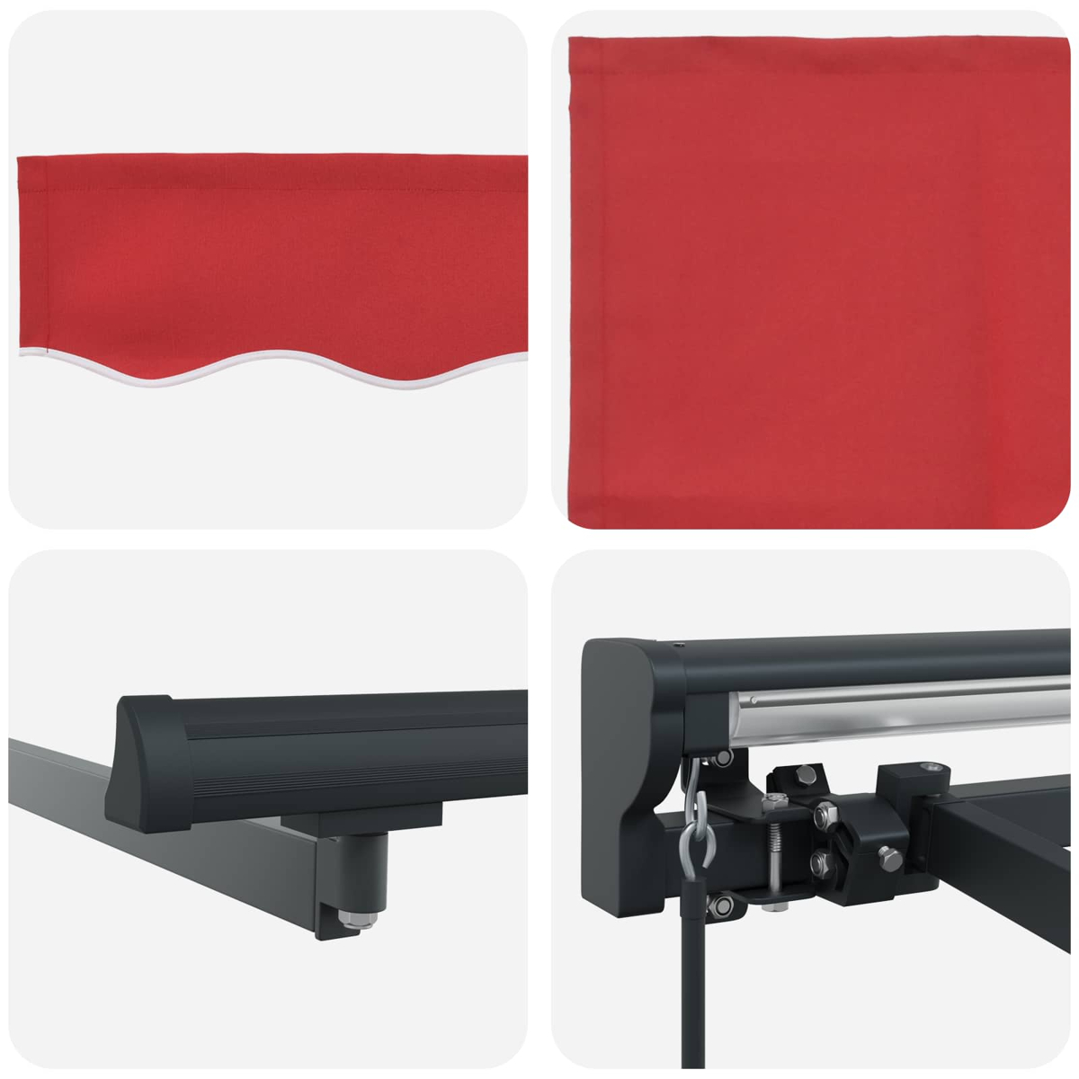 Rote Markise: Stoffdetails und schwarze Metallhalterung mit Kette.