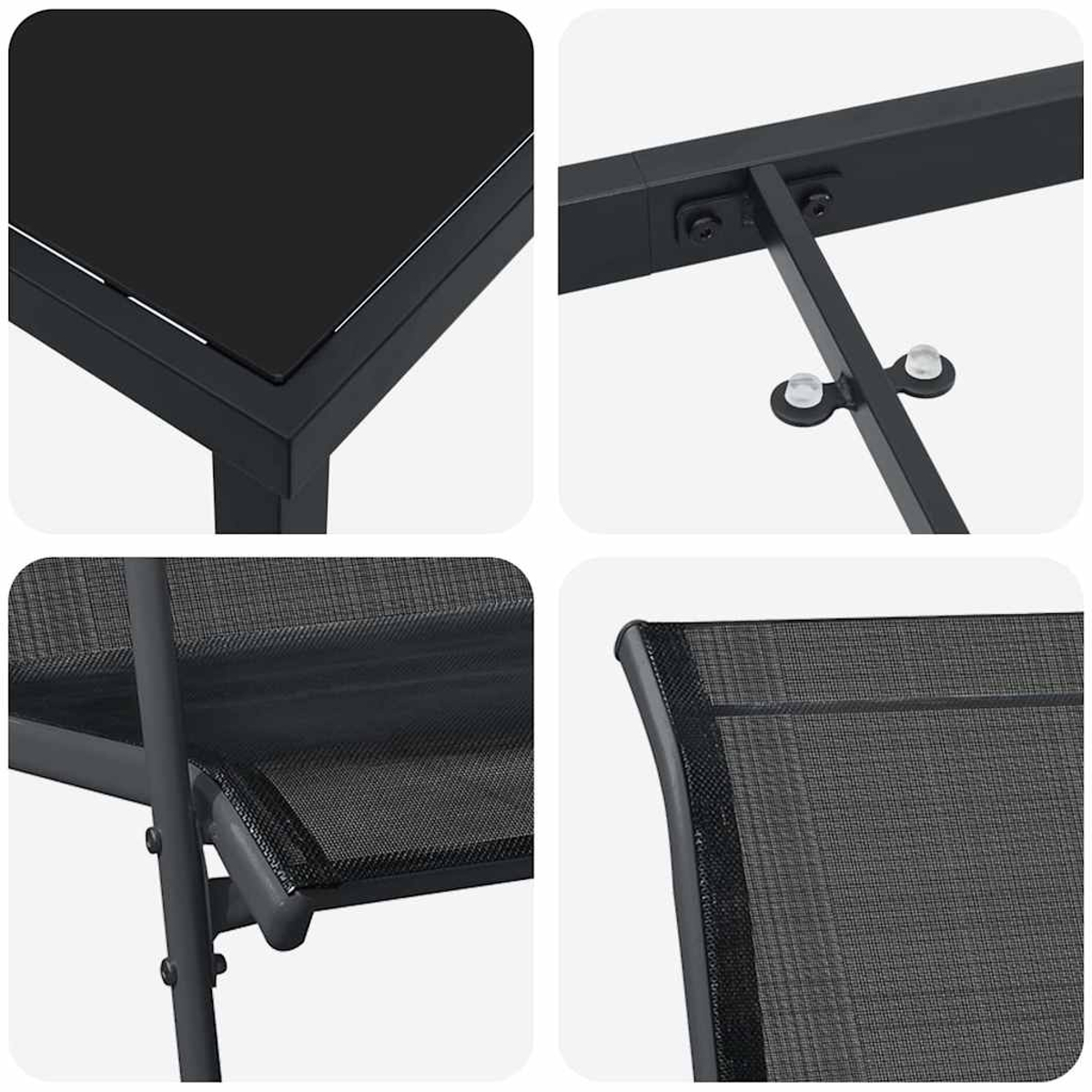 Vistas de cerca de muebles de exterior negros: tablero, estructura, asiento y respaldo.