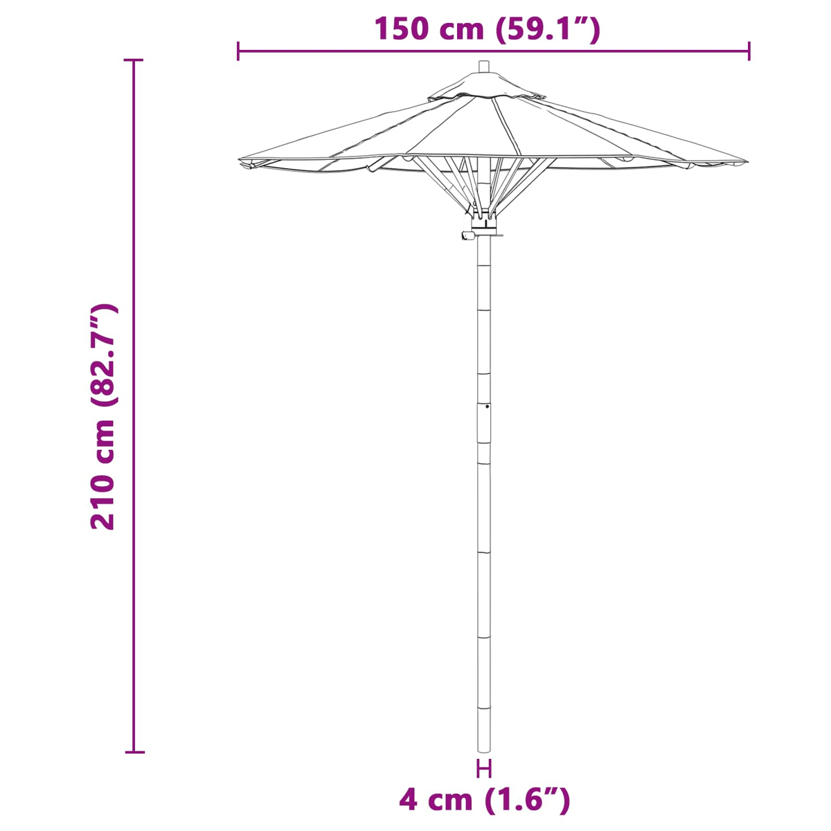 Un ombrellone largo 150 cm e alto 210 cm.