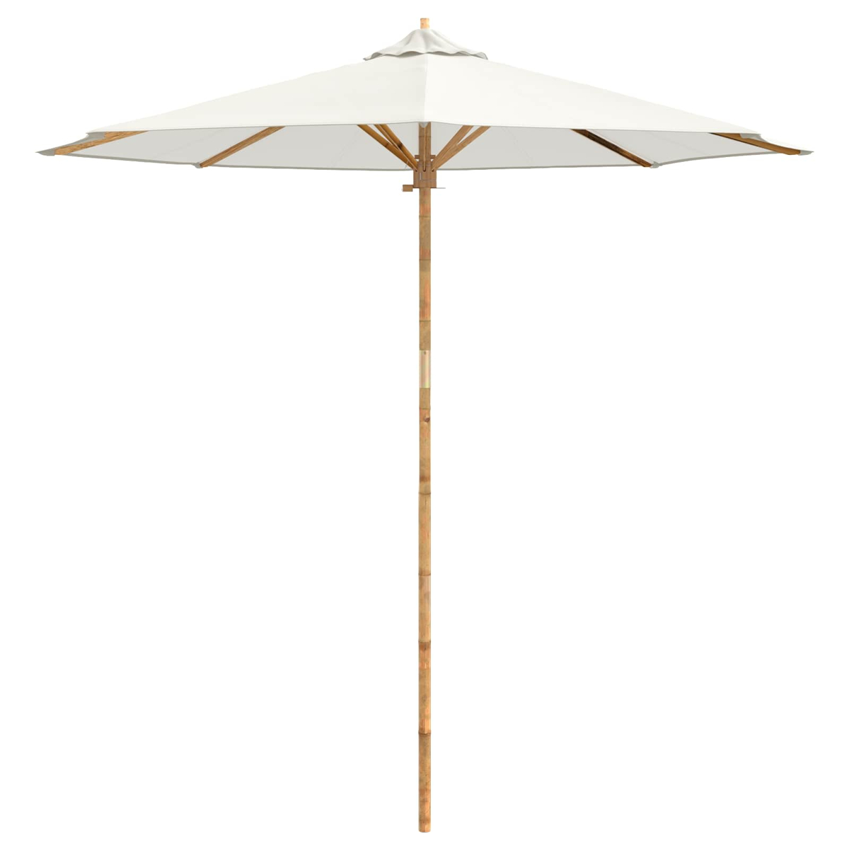 Un parasole bianco con palo in bambù su sfondo bianco.