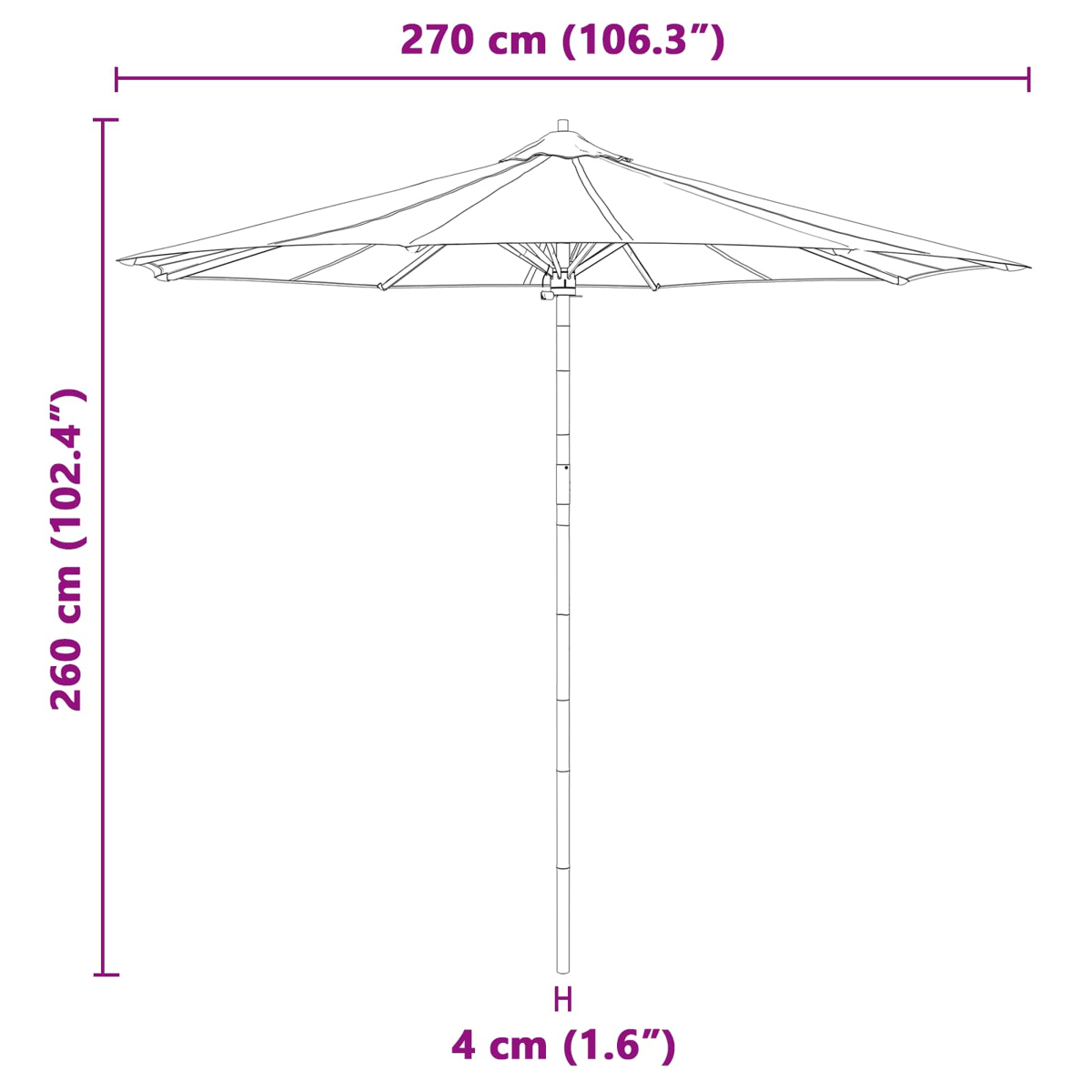 Ein offener Sonnenschirm mit 270cm Breite und 260cm Höhe.