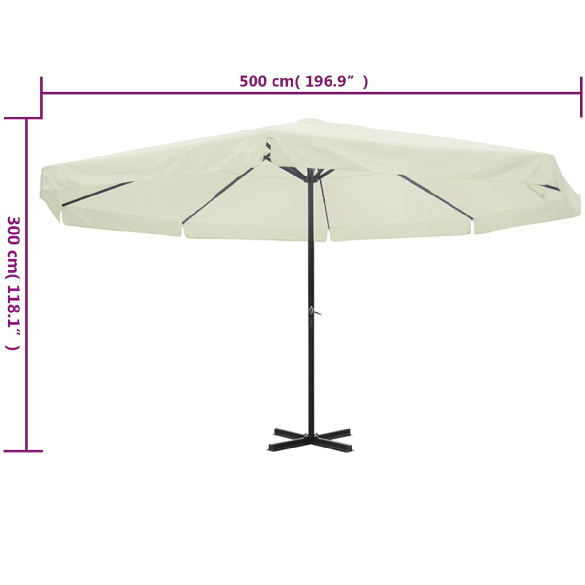 Grande ombrellone color crema con struttura nera e base a croce. Dimensioni: 500 x 300 cm.