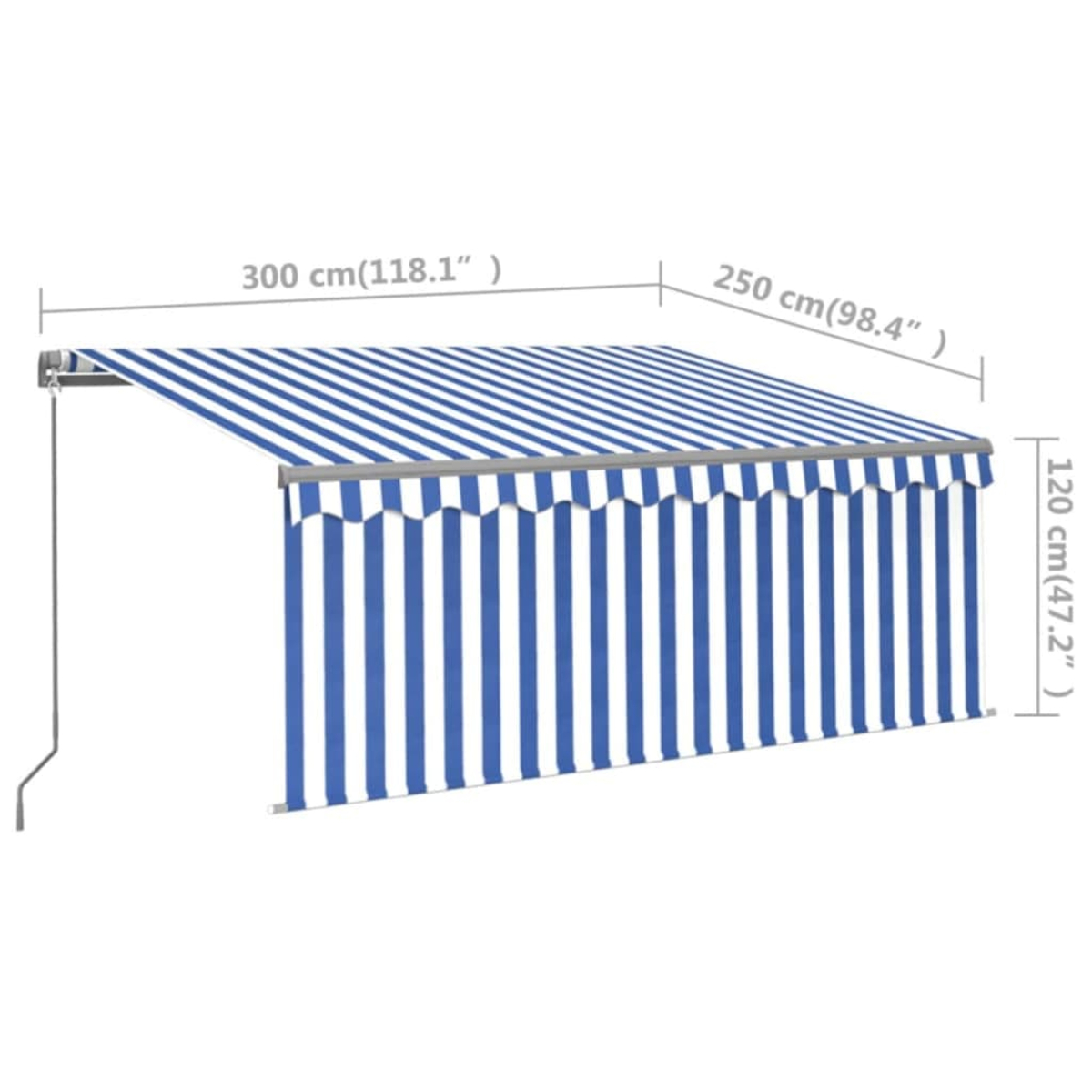 Ein ausgefahrenes Markisendach mit blau-weißen Streifen, 300cm breit.