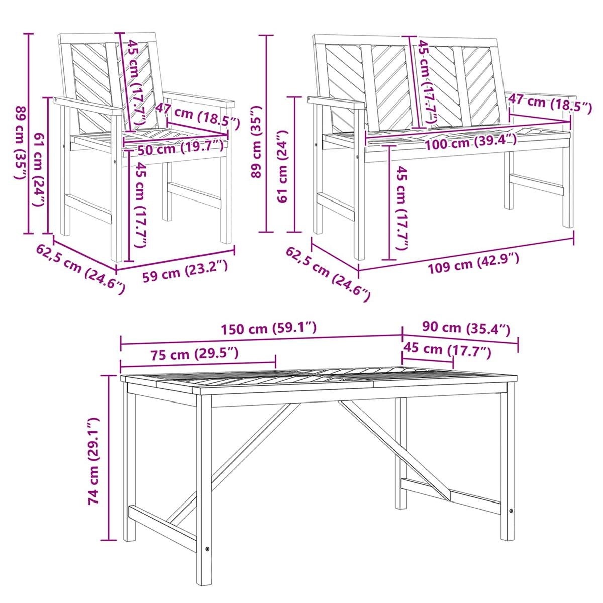Gartenmöbel-Set mit Maßen: Stuhl 59x62.5x89cm, Bank 109x62.5x89cm, Tisch 150x75x74cm.