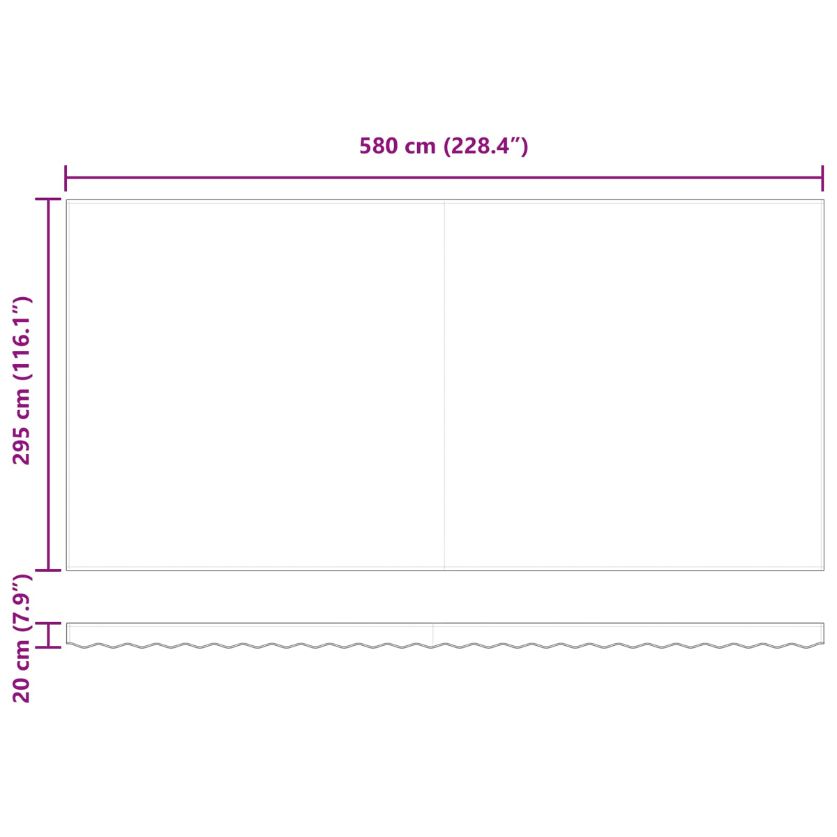 Ein Baldachin mit den Maßen 580x295 cm und einer Ausladung von 20 cm.