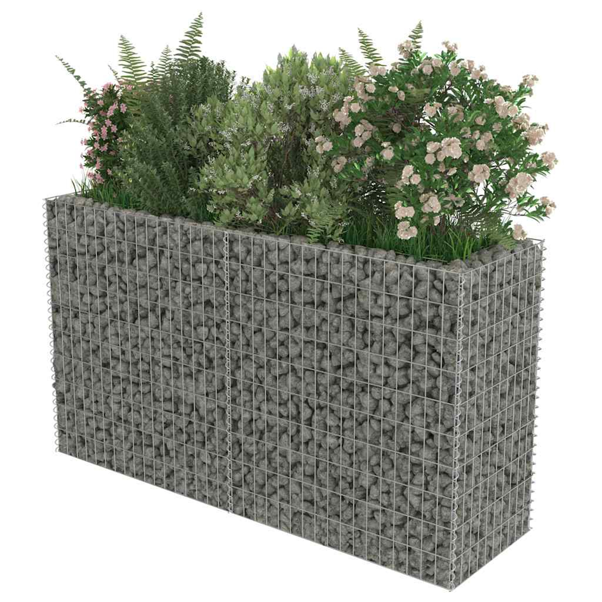 Ein rechteckiger Gabionenbehälter mit verschiedenen Pflanzen und Blumen.