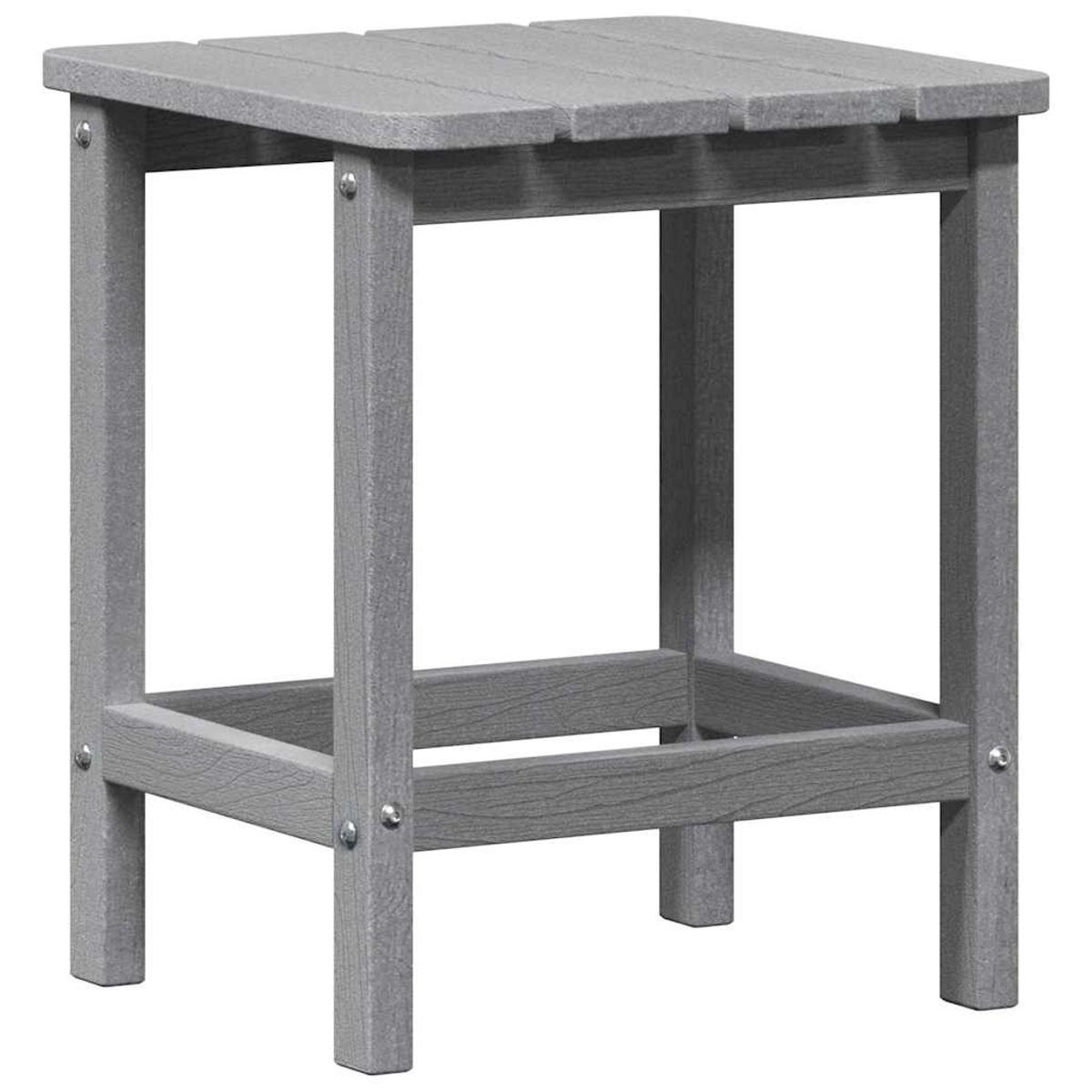 Ein grauer Beistelltisch aus Kunststoff mit schmalen Latten auf der Oberseite und Beinen.