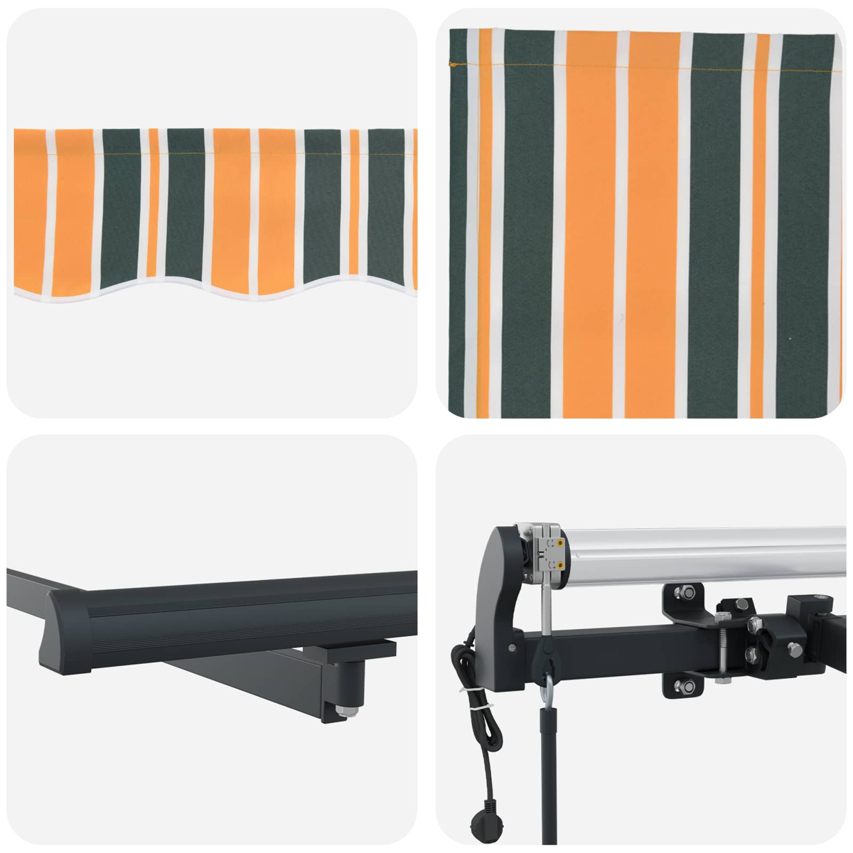 Markisenstoff mit orange-grünen Streifen und Befestigungsmechanismus.