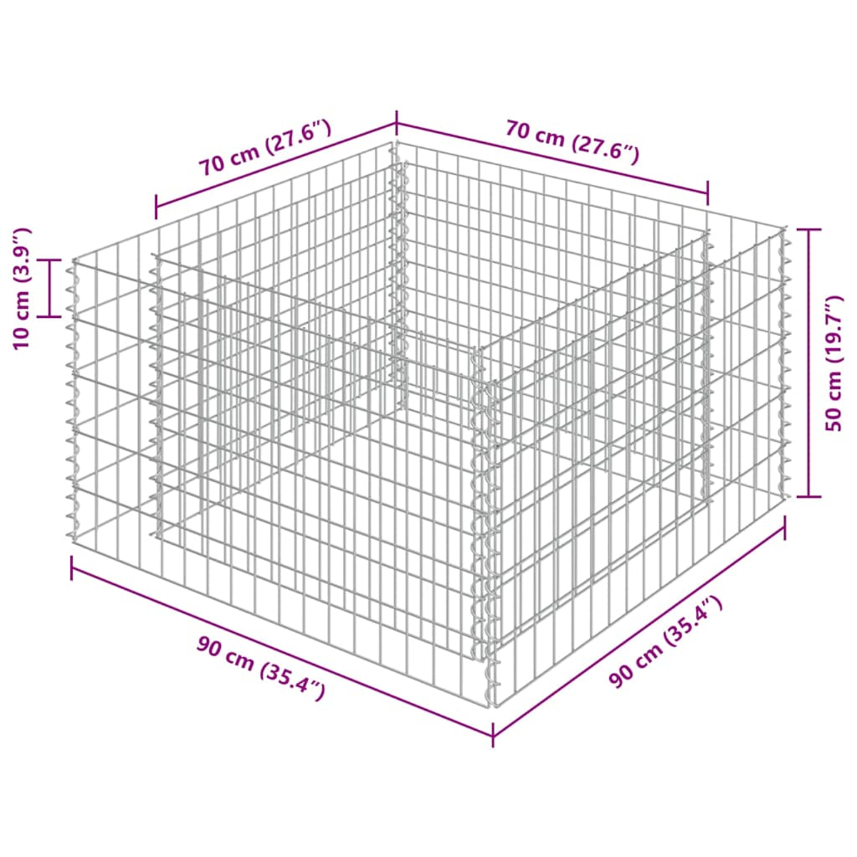 Drahtgitterkorb mit Maßen 90x70x50 cm, 70x70x10 cm.