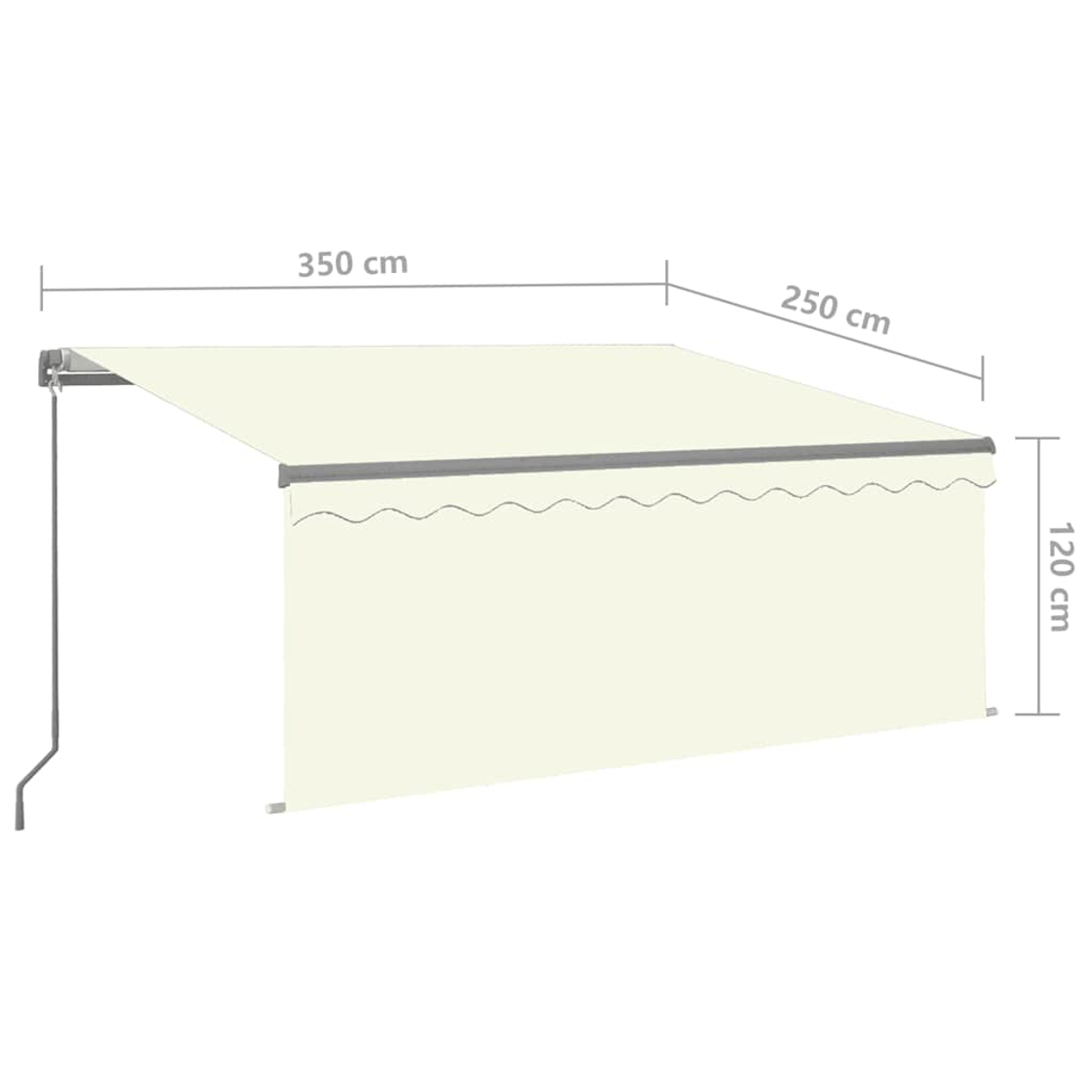 Ein cremefarbener Sonnenschutz mit Wellensaum und Maßen 350x250x120 cm.