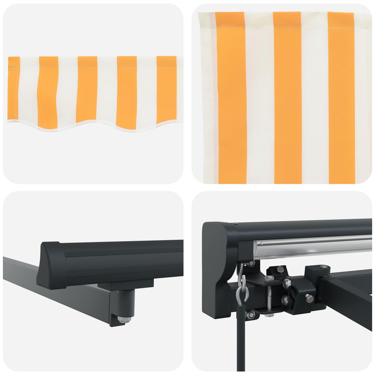 Markise mit orange-weißen Streifen und dunklem Metallgestell.