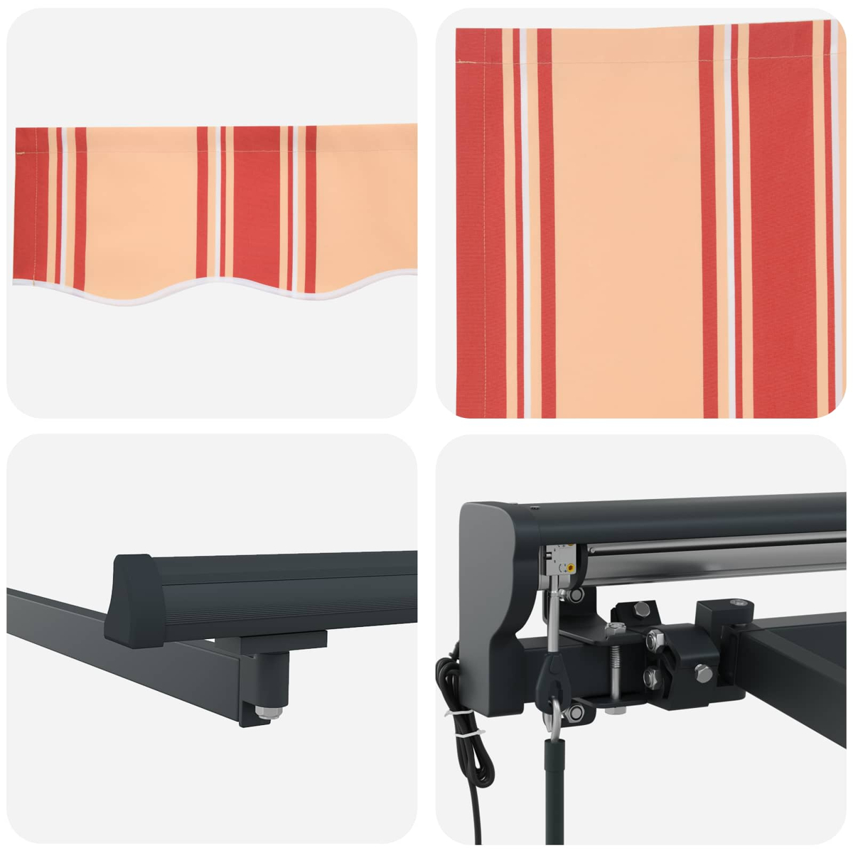 Markisenstoff mit roten und hellbeigen Streifen, Metallarm und Motor.