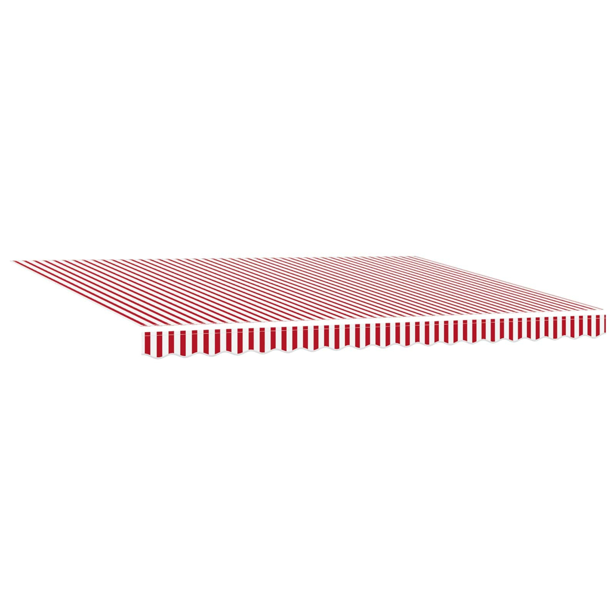 Un tessuto per tenda a strisce rosse e bianche con bordo smerlato.