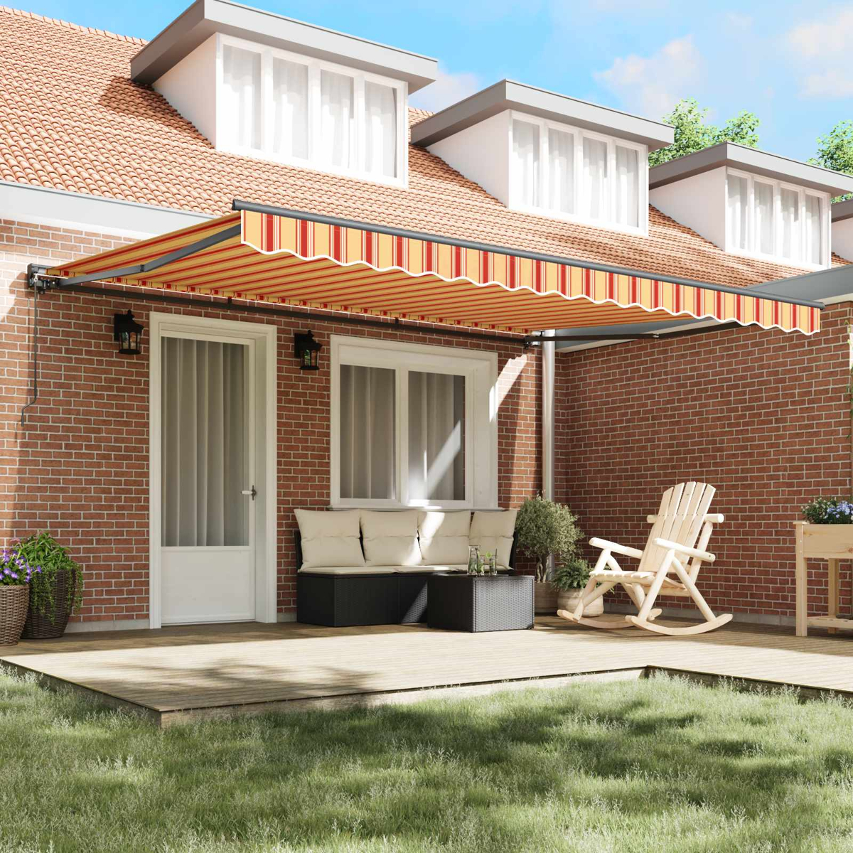 Un toldo a rayas sobre un patio con muebles y una mecedora.