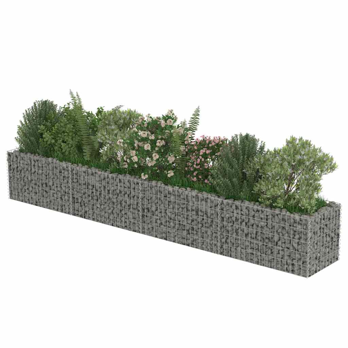 Ein rechteckiger Gabionen-Pflanzkasten mit verschiedenen grünen Pflanzen und rosa Blumen.