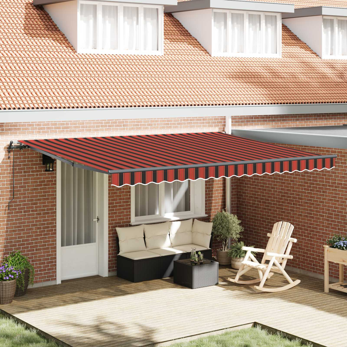 Rote und schwarze Markise über Gartenmöbeln auf einer Holzterrasse.