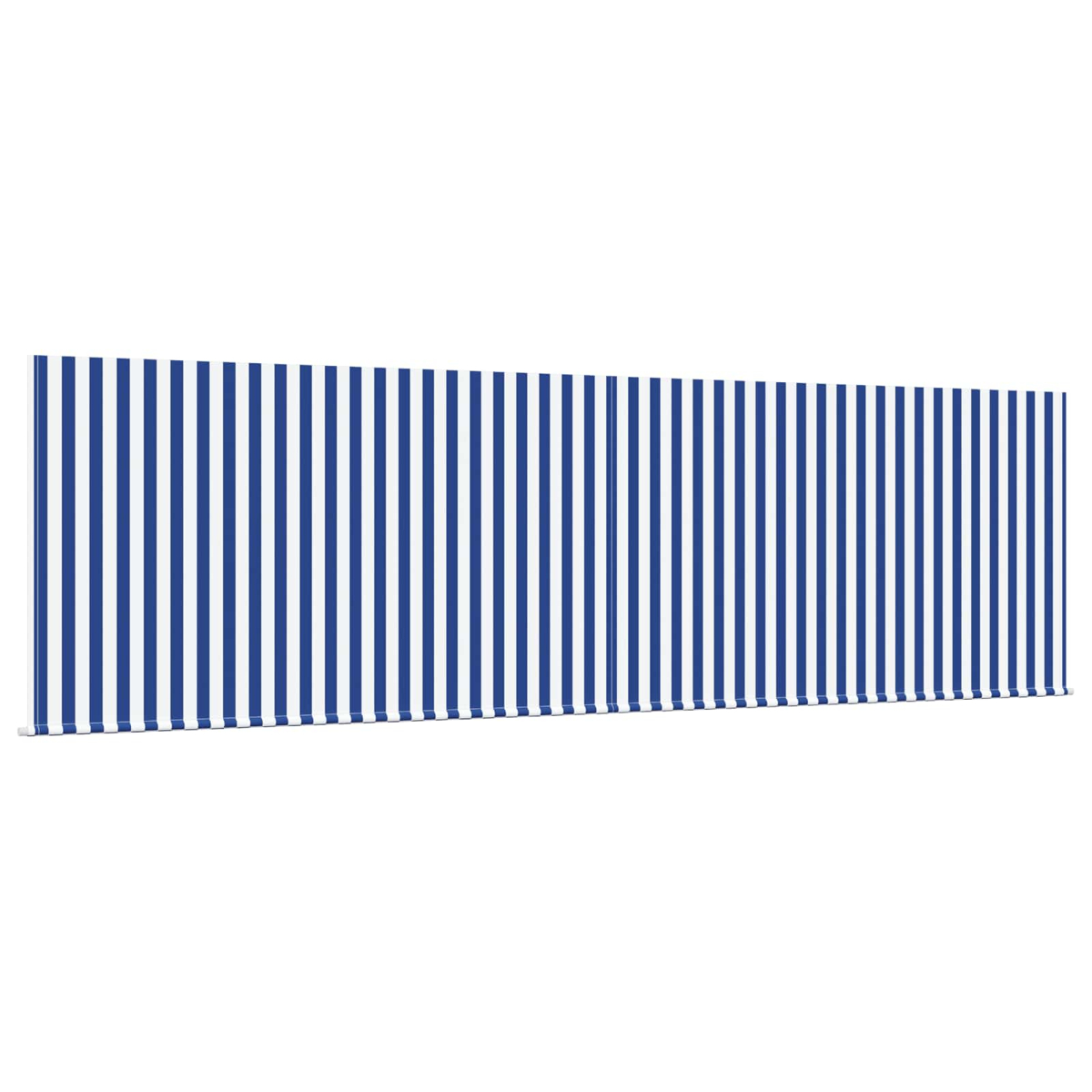Ein blau-weißer Streifenvorhang, der sich über die gesamte Länge des Bildes erstreckt.