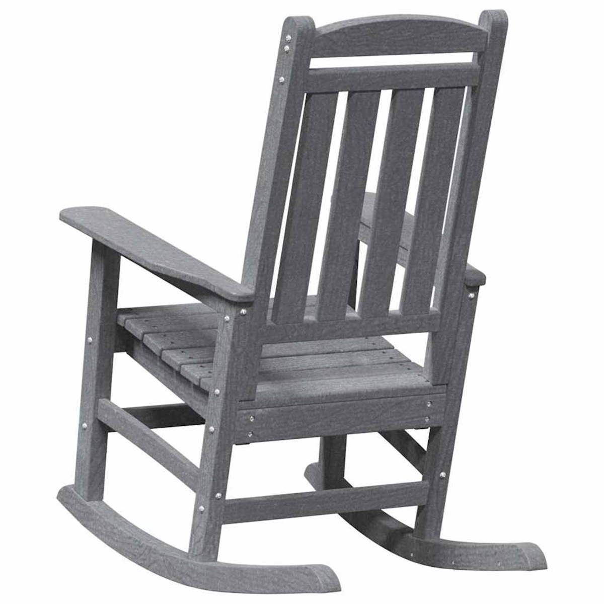 Grauer Schaukelstuhl aus Kunststoff mit Lamellenrücken und Sitzfläche.