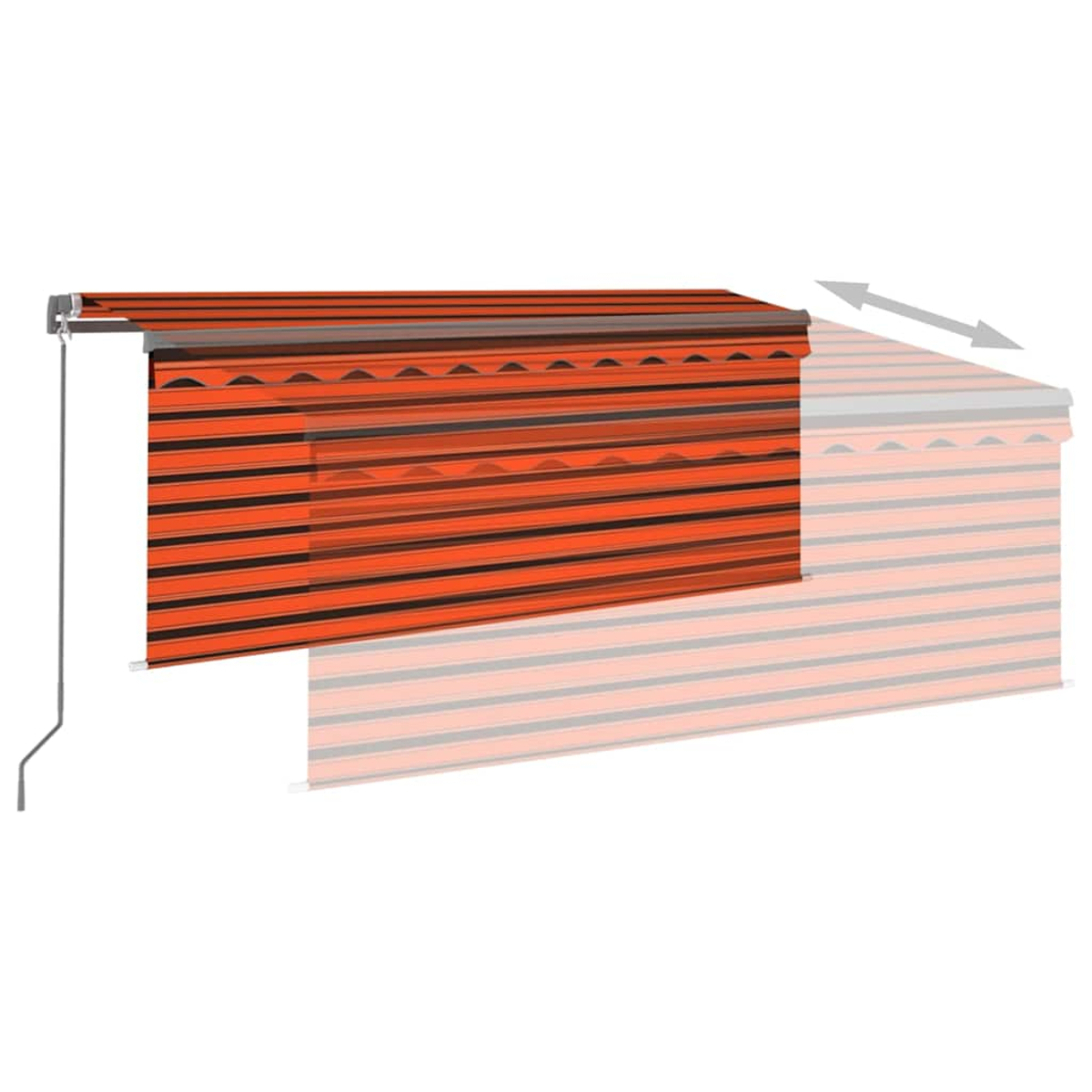 Ein ausfahrbarer Sonnenschutz mit orange-schwarzen Streifen.