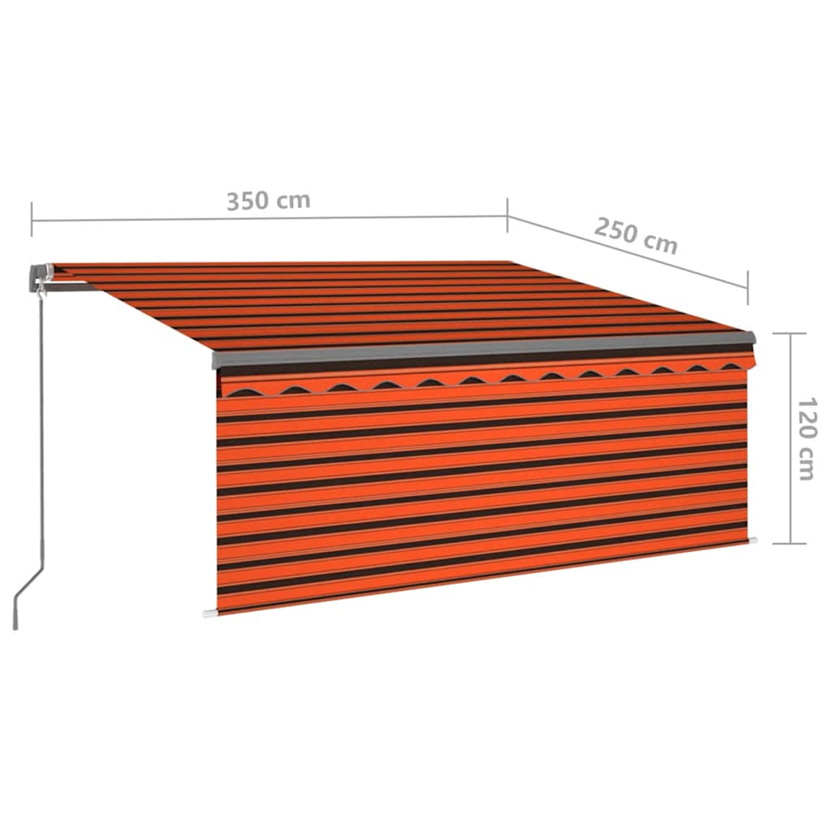 Markise mit orange-schwarzen Streifen, 350x250x120 cm.
