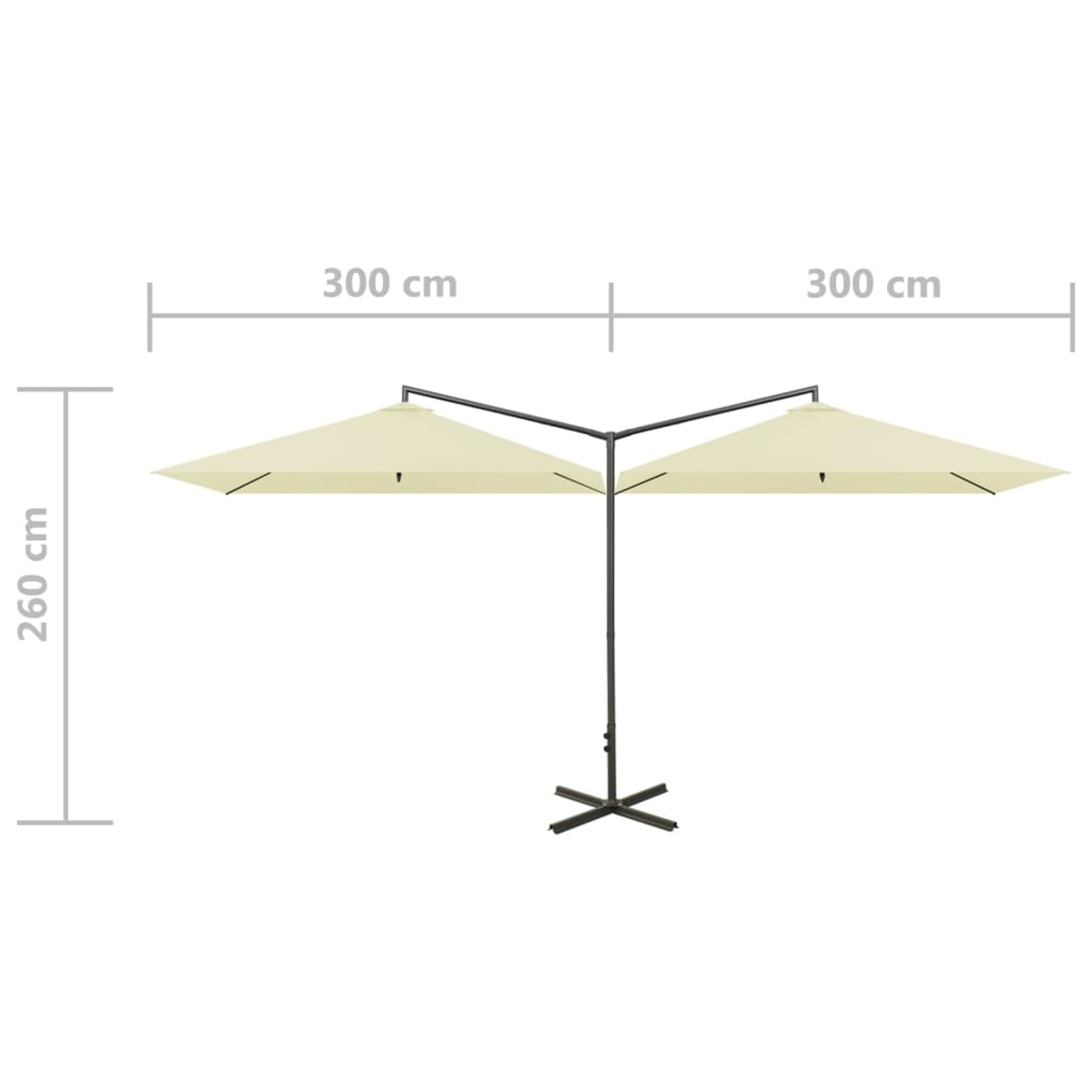 Ein zweifacher Sonnenschirm in Beige mit einem Metallfuß und Maßen.