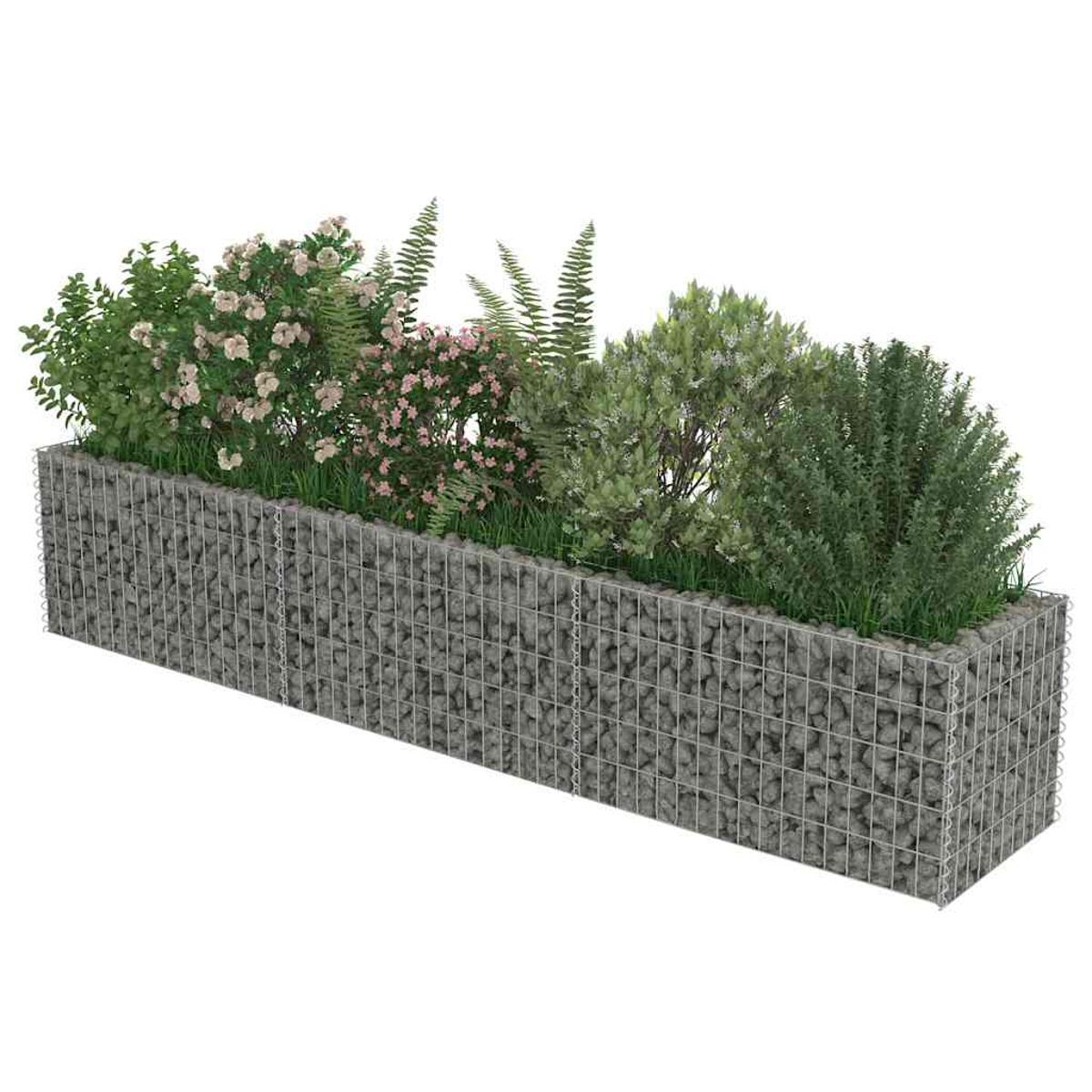 Ein rechteckiger Gabionen-Pflanzkasten mit verschiedenen grünen Pflanzen und rosa Blüten.