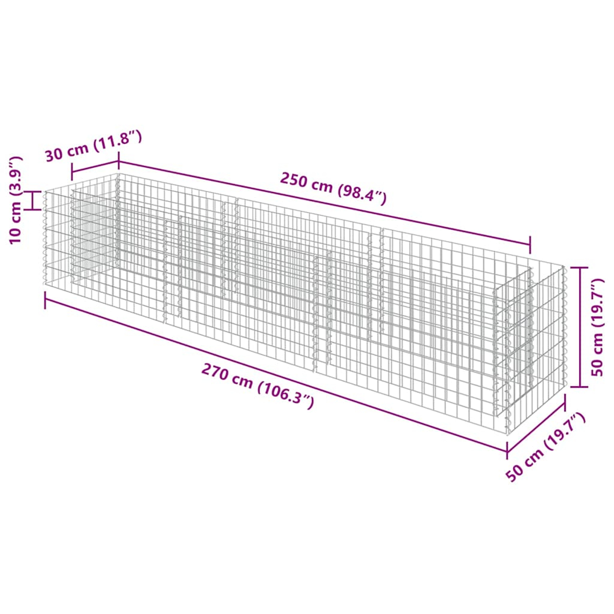 Ein Drahtkorb mit Maßen L: 270cm, B: 50cm, H: 50cm und 30cm.