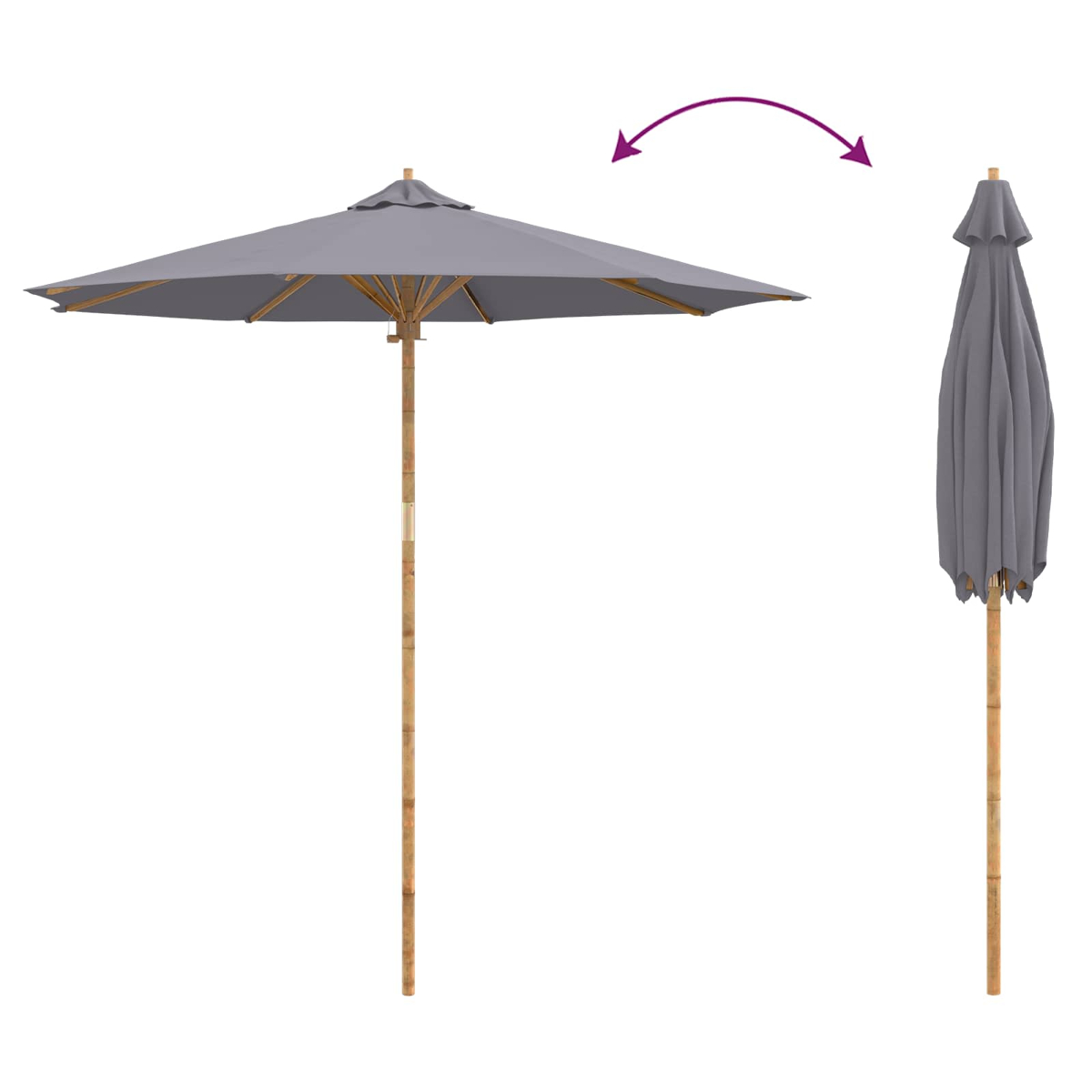 Un parasole grigio aperto e uno chiuso con pali di bambù.