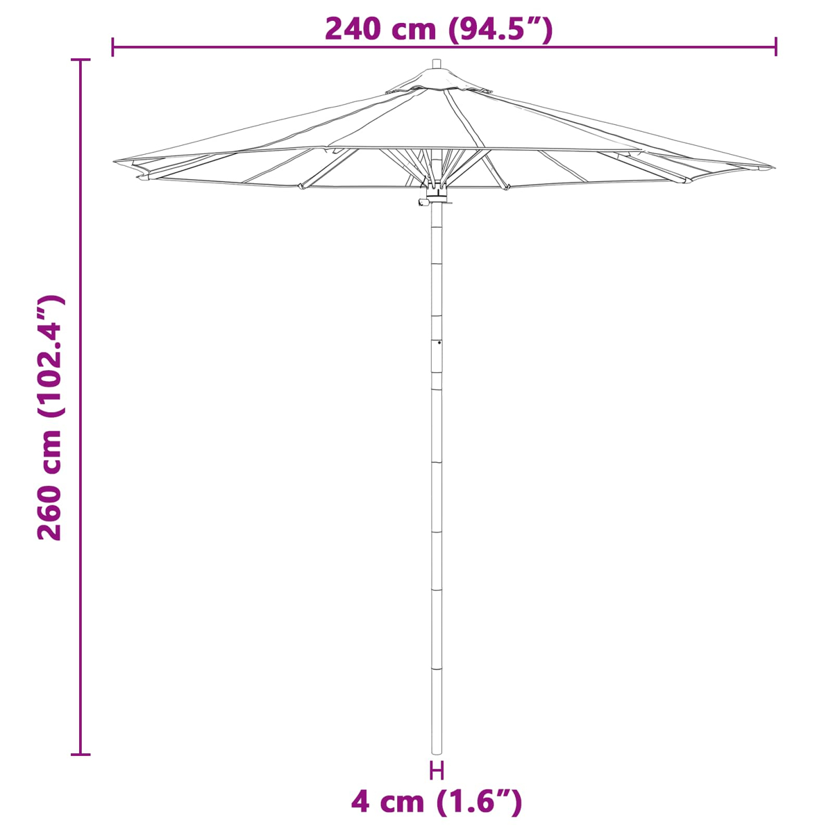Un parasole largo 240cm e alto 260cm.