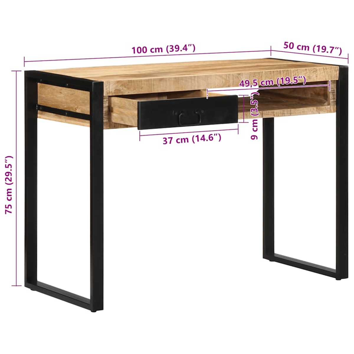 Holztisch mit schwarzen Metallbeinen, Maße werden angezeigt.