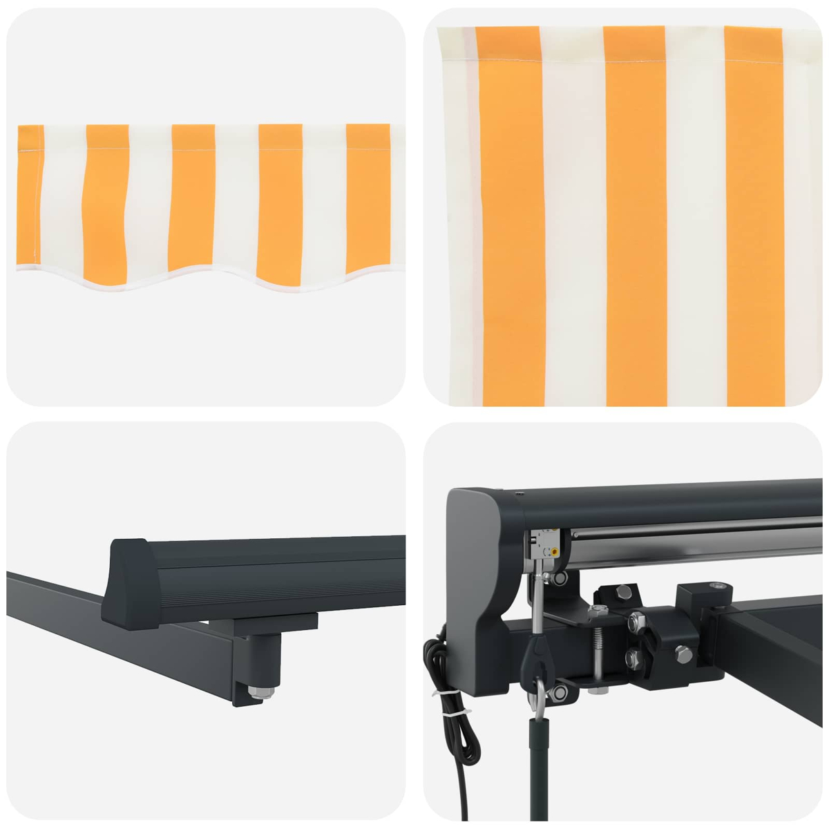 Markise mit orange-weißen Streifen und Metallgestell.